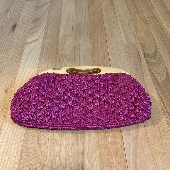 VTG Raffia Crochet Clutch Wood Handbag Japan Sears Pink Boho Retro Barbie Purse - Picture 10 of 12
